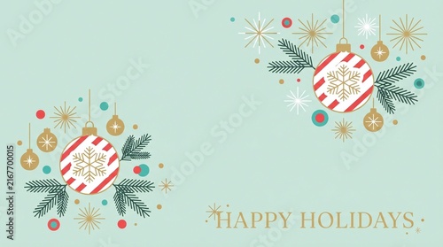 A festive light blue holiday greeting card background featuring ornaments and pine branches