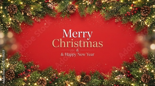 An elegant holiday greeting card featuring a festive pine wreath adorned with pinecones and lights on a