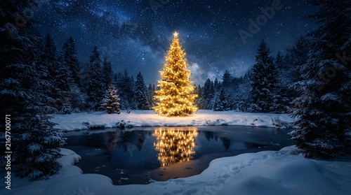 A brilliant illuminated Christmas tree stands in a snowy forest clearing beside a reflective pond
