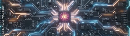 Artificial intelligence chip central to a computer circuit board connecting and processing digital information through glowing pathways.