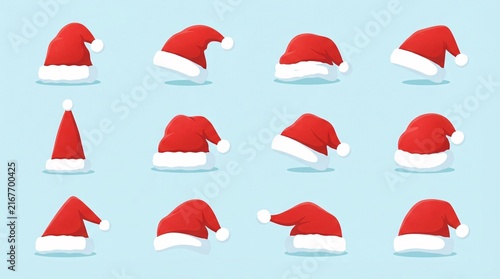 A collection of twelve different styles of red Santa hats arranged in a grid against a light blue
