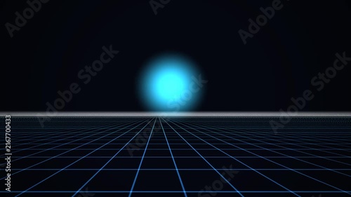 Abstract digital grid horizon with glowing blue light sphere, futuristic cyberpunk background, for tech presentations, and motion