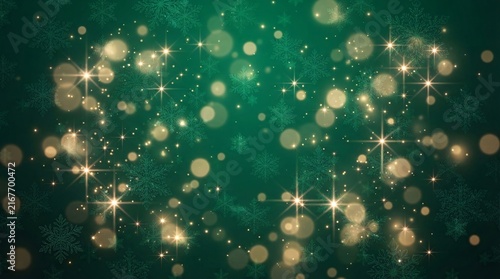 A festive green background adorned with shimmering golden snowflakes and glowing sparkling lights