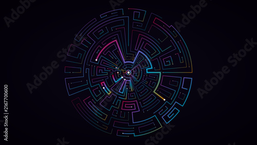 Circular Maze Neon HUD Vector Graphic Radial Interface Cyber Target Geometric Abstract Tech Futuristic Ring Compass Circle
