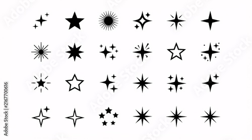 A grid containing twenty unique black and white vector star and sparkle icon designs on a white background
