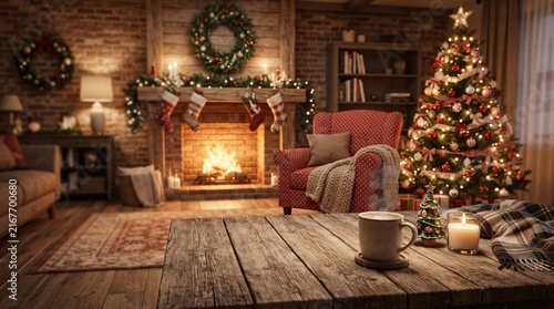 A warm and inviting living room interior decorated with Christmas cheer for the festive holiday season