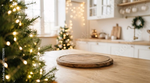 A circular wooden cutting board sits on a kitchen island decorated with festive Christmas tree lights