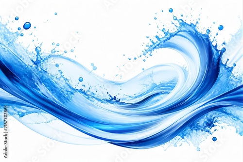 Fluid blue waves swirl with energy and grace. Shimmering droplets explode upward in dynamic motion. Pure white background enhances vivid color and motion. Ideal for themes of refreshment, renewal