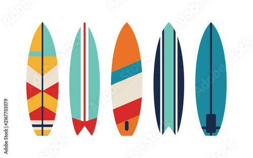 Retro Surfboard Collection with Colorful Geometric Patterns for Beach and Summer Artwork, Vector