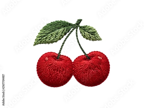 Two ripe red cherries with green leaves connected by stems, rendered
