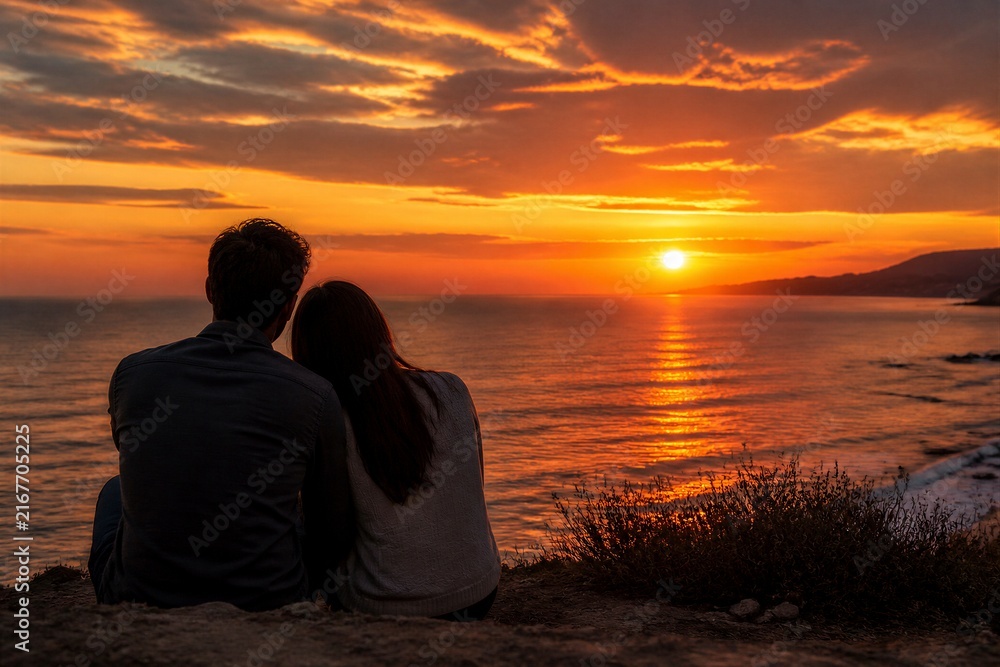 Fototapeta premium Couple sits together, watching sunset over calm ocean. Golden sky reflects on water's gentle surface. Silhouettes embrace as light fades into horizon. Peaceful moment, quiet joy shared between two