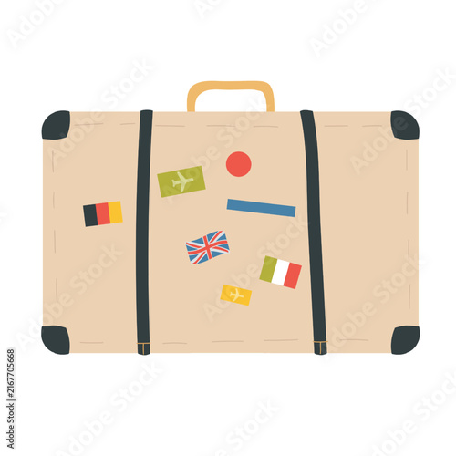 Tourist suitcase luggage, tourism and summer sea beach travel vacation vector illustration. Cartoon suitcase for happy summertime journey isolated on white