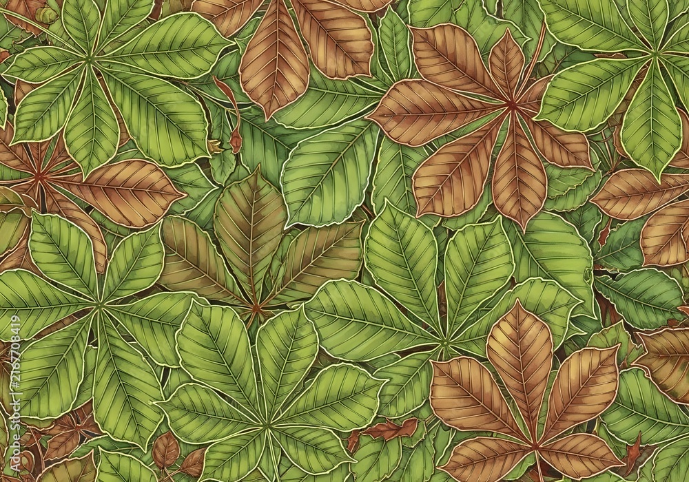 Fototapeta premium Seamless pattern of green and brown autumn leaves with detailed