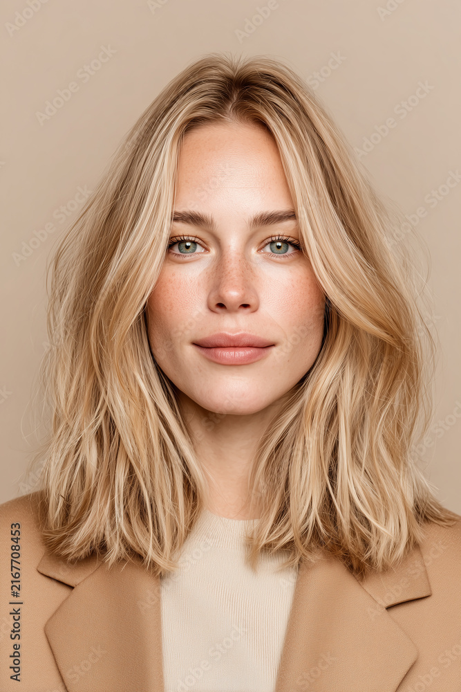 Naklejka premium Studio portrait of attractive blonde woman with natural makeup freckles and wavy medium hairstyle