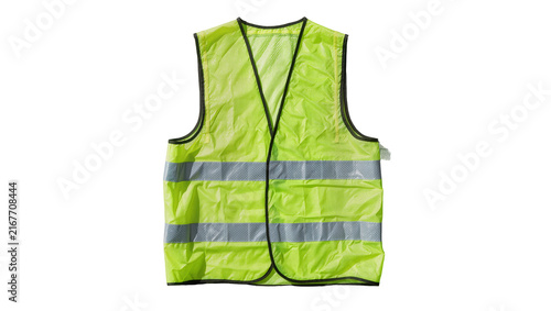 Quadro su tela High-visibility neon yellow safety vest with reflective stripes, isolated on tra