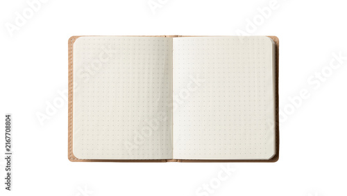 Open dot grid notebook with textured cover, isolated on transparent background