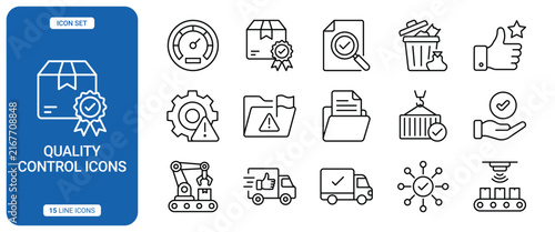 Set of quality control icons, vector line illustration of industrial inspection, logistics, and production management symbols