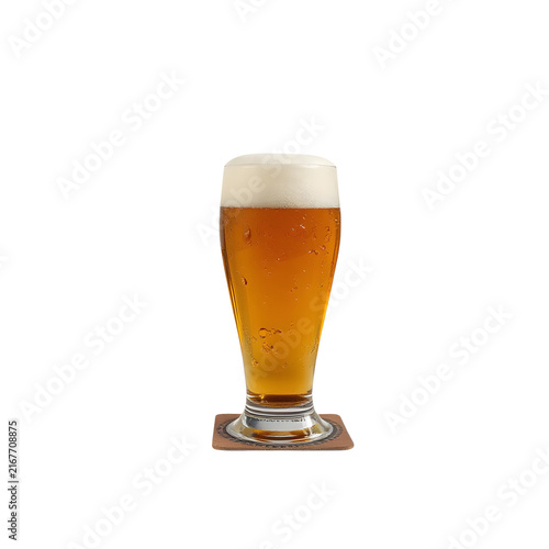 Traditional Belgian beer poured into a branded glass with rich golden color and creamy foam isolated.