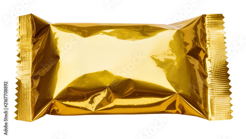 Shiny gold foil candy wrapper with crimped edges, isolated on transparent background