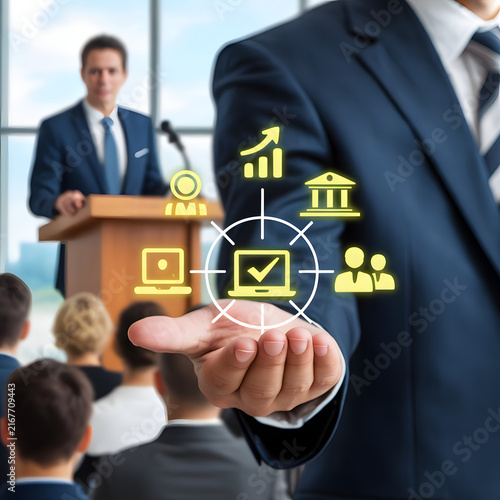Business executive presenting digital strategy icons for growth, teamwork, finance, and project management during corporate conference