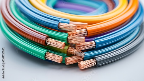 Coils of colorful insulated copper electrical wires arranged neatly in a studio setting. Perfect for electrical installation and technology industry background.