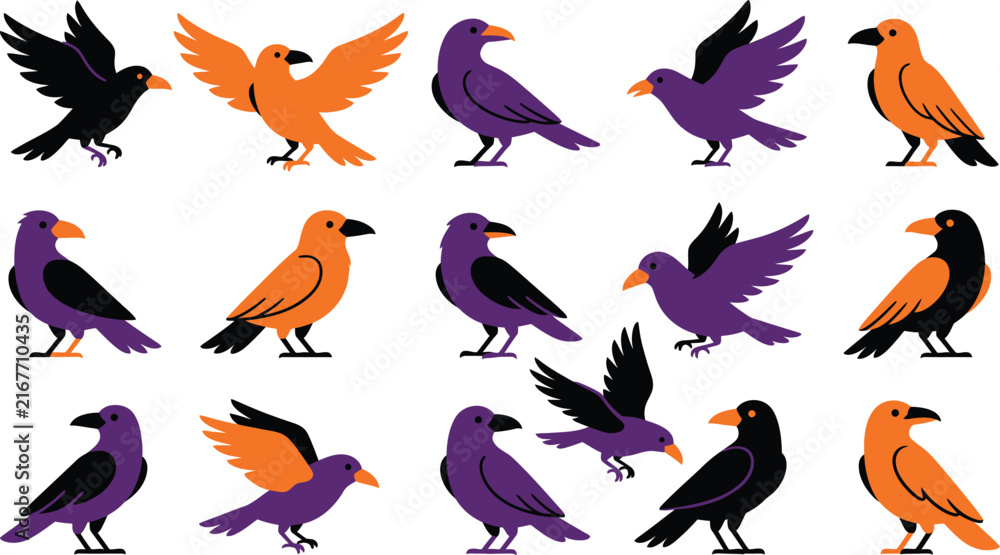 Naklejka premium Set of cute cartoon crows and ravens in various poses with orange and purple halloween color palette