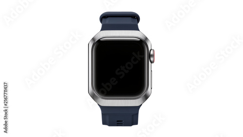 Brushed metal smartwatch with dark blue silicone band, isolated on transparent background