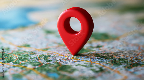 A red map pin marker stands on a detailed paper road map with soft lighting. Ideal for travel planning and location concepts.