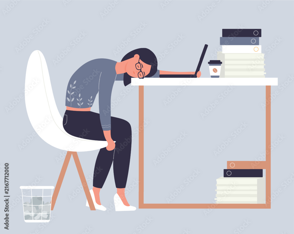 Fototapeta premium Exhausted girl sleeping on working office table. Professional burning out and overtime job cartoon vector illustration
