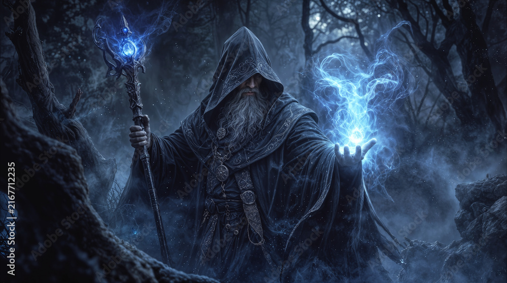 Fototapeta premium Wizard casting blue magical spell in dark enchanted forest. Sorcerer holding ornate staff while manipulating glowing energy in mystical woods.
