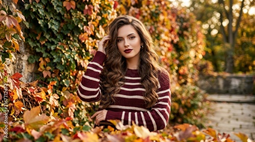 Portrait of a fashion model featuring seasonal autumnal makeup and striped sweater.