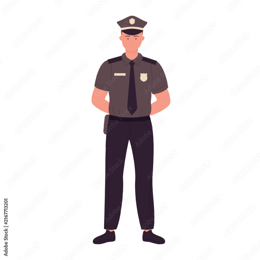 Obraz premium Standing policeman with crossed arms behind back. Male police officer wearing working uniform cartoon vector illustration