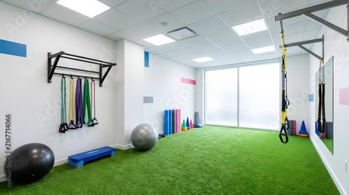 Professional rehabilitation center with artificial grass flooring and fitness tools.