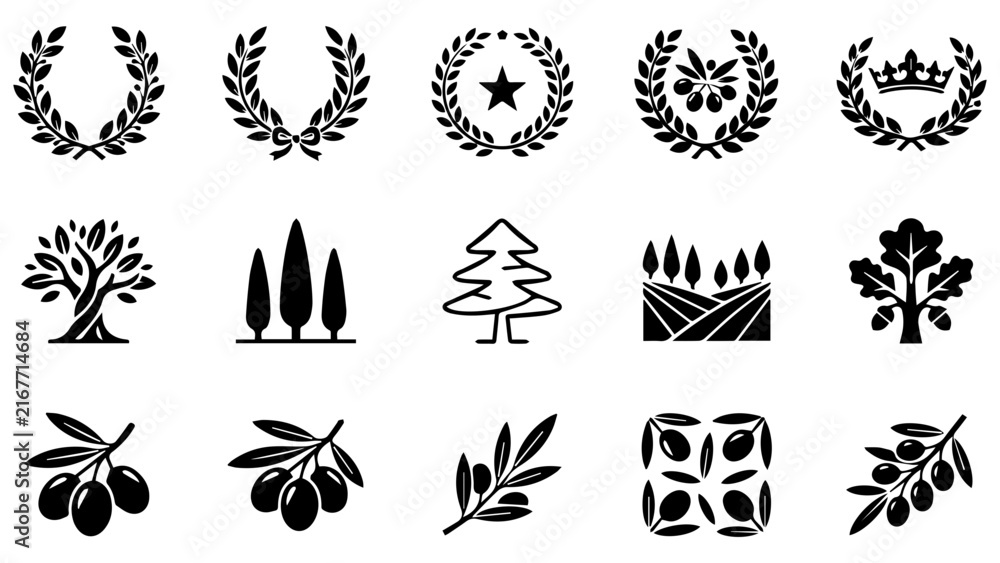 Fototapeta premium Set of black icons featuring olive branches wreaths trees and mediterranean nature symbols for design
