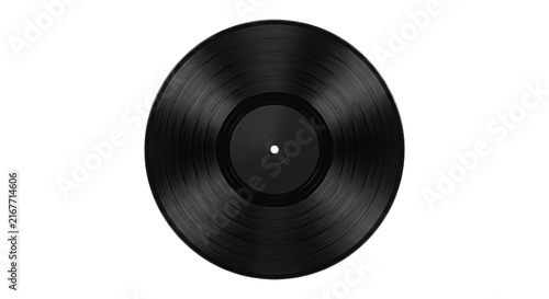 Fotografía Classic black vinyl record spinning with grooves visible on a white background