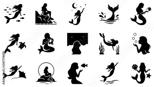 Fotografie Set of black mermaid icons showing different poses and ocean creatures for fanta