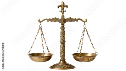 Cuadro en lienzo Antique brass balance scale with ornate detailing, isolated on transparent backg