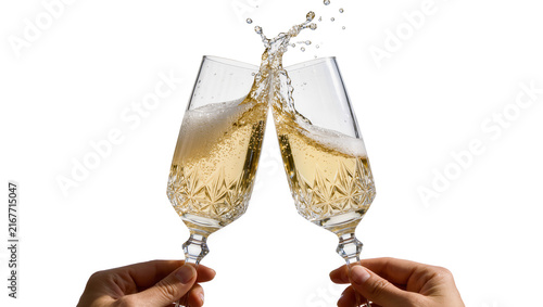 Fotografía Two crystal champagne flutes clinking with splashing bubbly liquid, isolated on