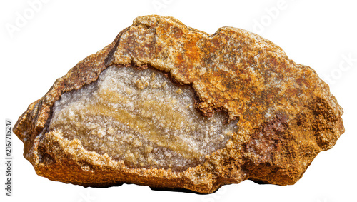 Fotografía Rough textured geode rock with crystalline quartz interior, isolated on transpar