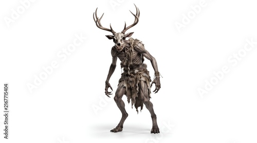 Terrifying Wendigo creature with deer antlers standing on white background.