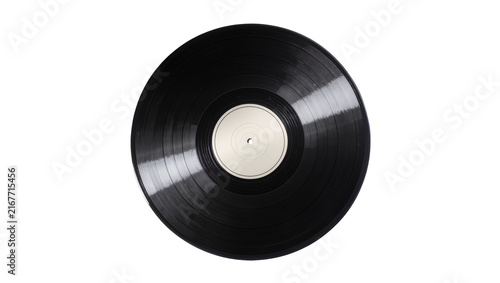 Foto Black vinyl record with blank white label, isolated on transparent background