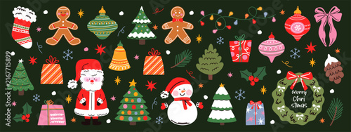 Christmas banner and card with Santa Claus, a snowman, a decorated Christmas tree, gifts, gingerbread cookies, a wreath, and festive lights. Christmas background for greeting card design.