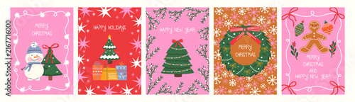 A festive collection of Christmas and New Year greeting cards featuring a snowman, decorated tree, wreath, Christmas tree decorations, and seasonal holiday wishes.
