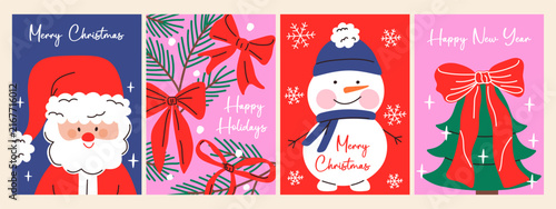 A festive Christmas collage featuring Santa Claus, a snowman, Christmas tree ornaments, a snowflake, and a festive inscription. A cheerful greeting card design for the season.