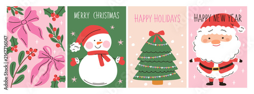 Hand-drawn Christmas cards with Santa Claus and a Christmas tree, berries, snowflakes, and sparkling lights. Holiday greeting card design.