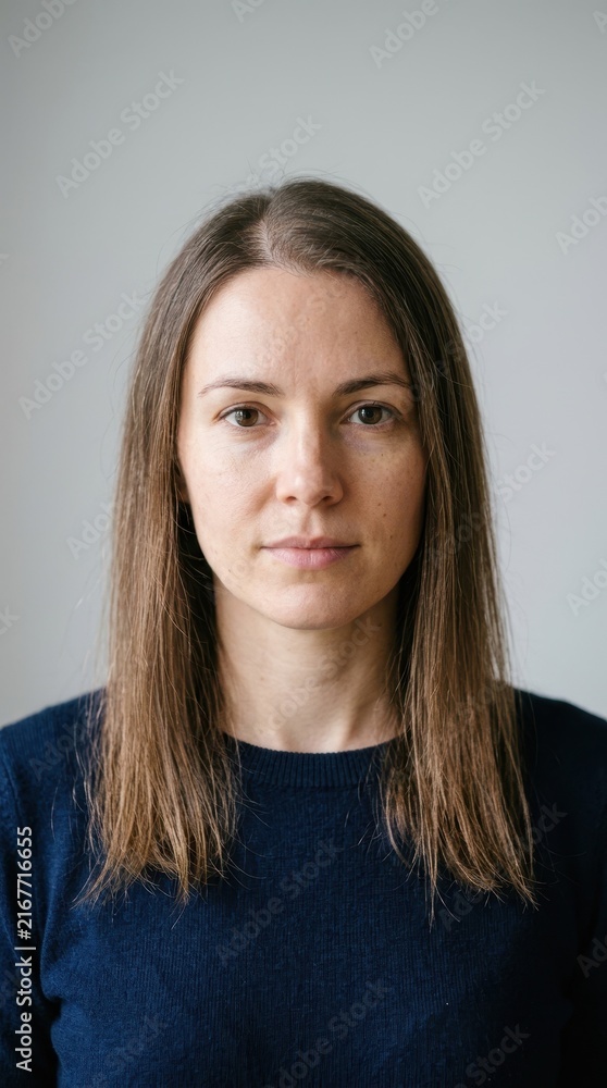 Obraz premium Portrait of a woman with fine thin brown hair. Female with straight low volume hair looking at camera. Hair care and texture concept