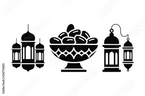 Ramadan kareem lanterns and dates bowl silhouette vector graphic with religion