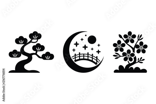 Japanese bonsai tree moon and cherry blossoms vector graphic design element