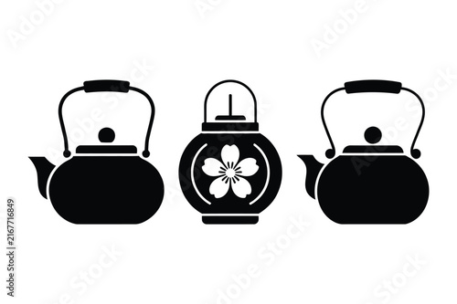 Asian tea kettles and decorative teapot with flower motif vector illustration