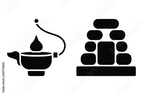 Traditional oil lamp and stacked stone altar monument vector graphic element